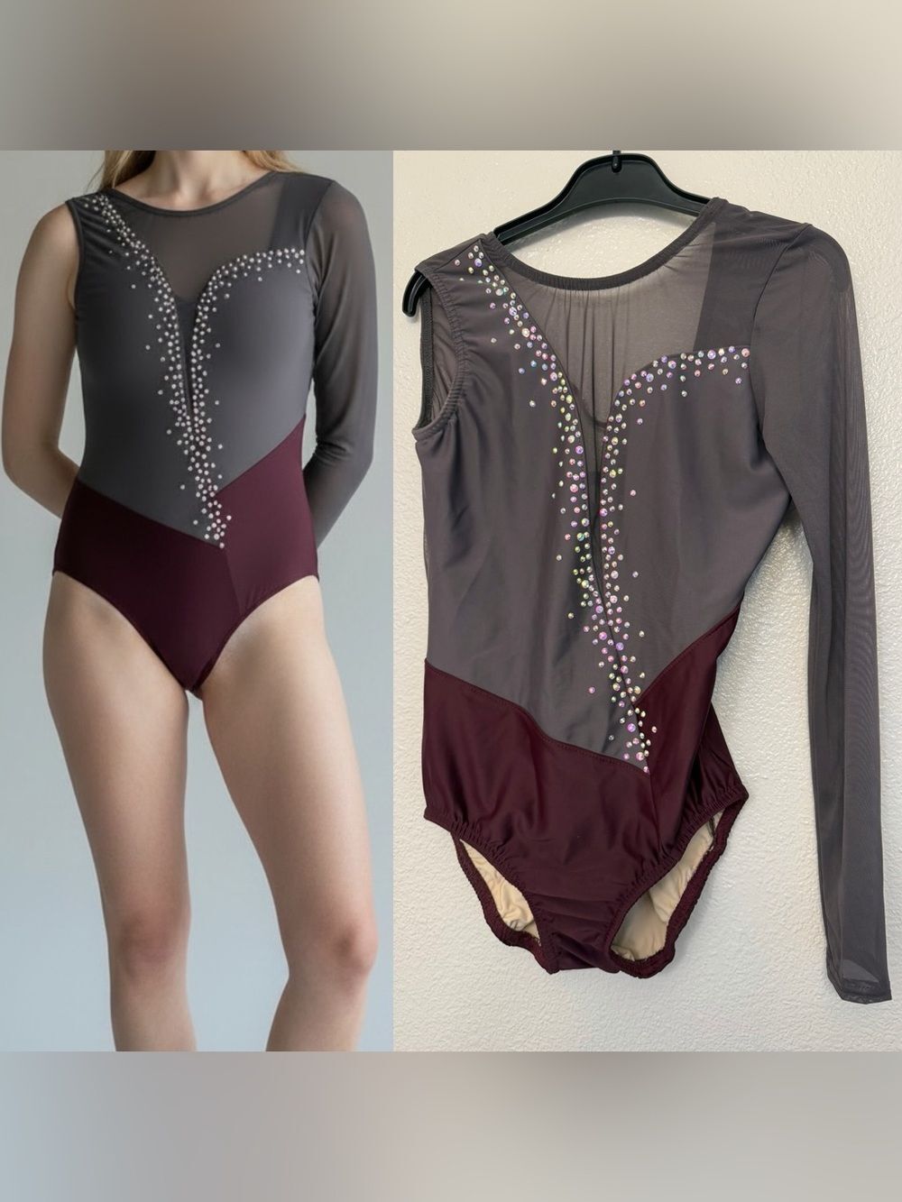 Reverence solo Custom rhinestoned dance costume leotard gray illusion SA